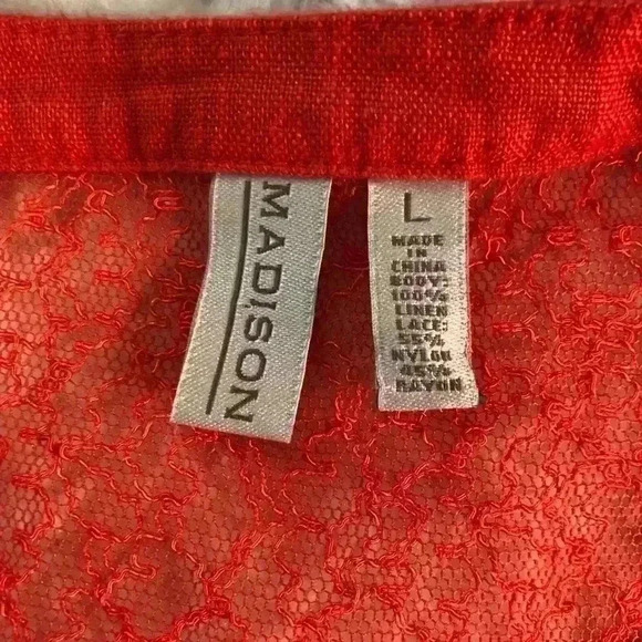 Madison Ladies Large Button Up Linen Blouse orange Lace Top and Back Roll Tab - Picture 5 of 5